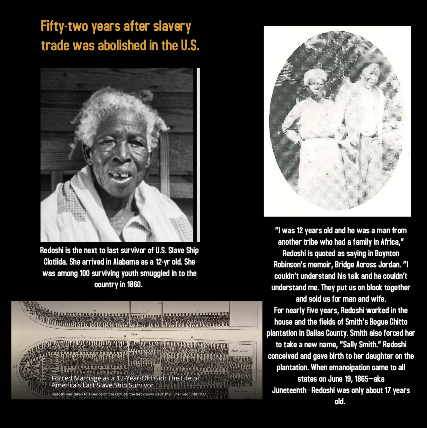 Exhibit storyboard documenting the life of Redoshi, survivor of the Clotilda